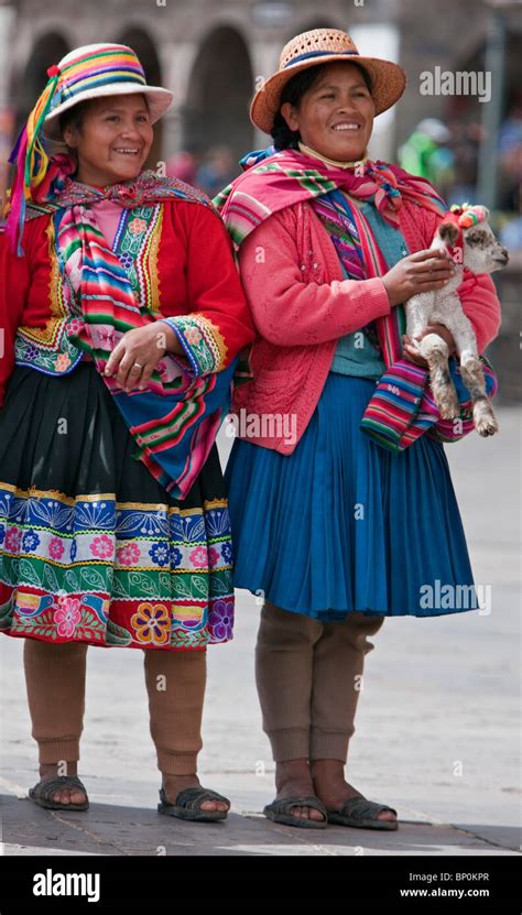Peru Two Indigenous Peruvian Woman Wearing Traditional Costume In