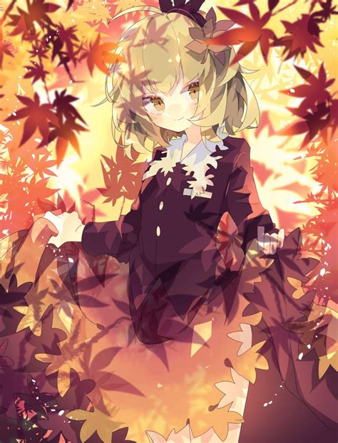 the big imageboard tbib 1girl ahoge aki shizuha autumn autumn leaves bangs blonde hair blush