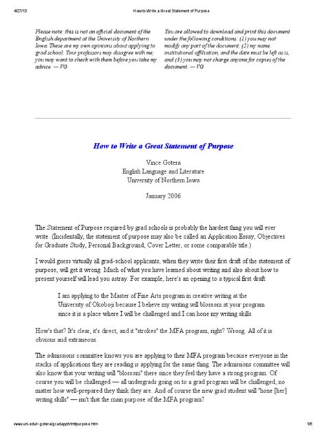 How To Write A Great Statement Of Purpose Pdf Graduate School