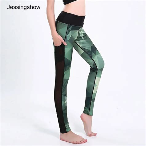 Jessingshow Women Fitness Leggings Pants Mesh Patchwork Printed Elasticity Sporting Tight