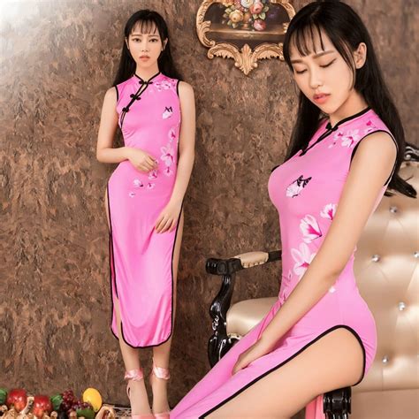 New Arrival Women Cosplay Pink Print Sexy Chinese Cheongsam Uniform Erotic High Split Tight