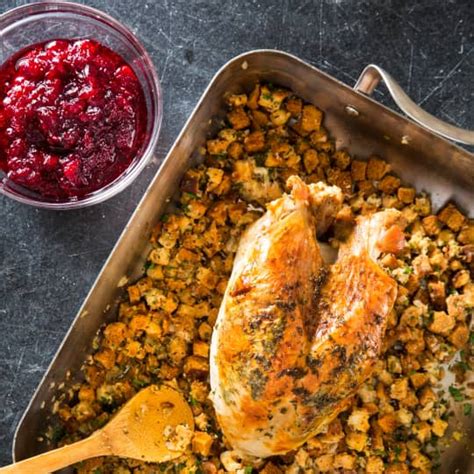 One Pan Roast Turkey Breast With Herb Stuffing And Cranberry Sauce