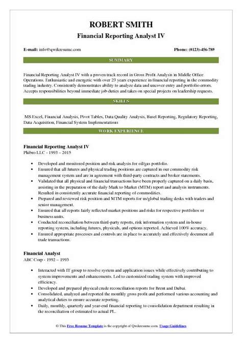 2) make and moniter the different financial ratios. Financial Reporting Analyst Resume Samples | QwikResume