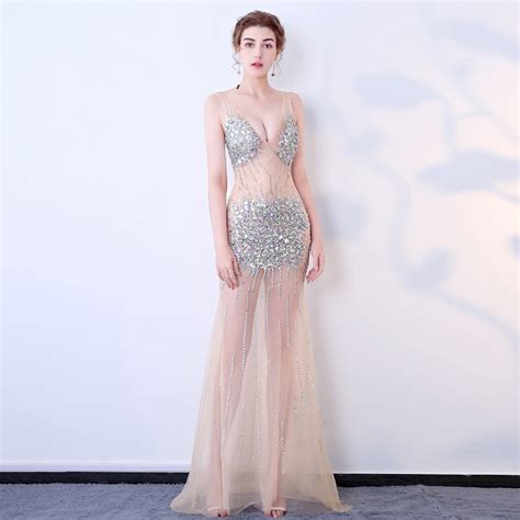Buy Sexy V Neck See Through Tulle Crystal Beading