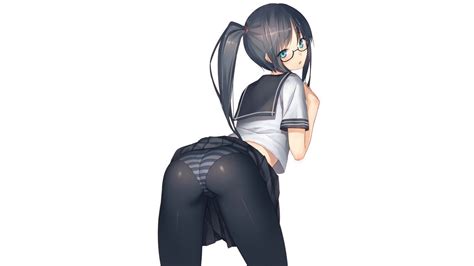 Blue Eyes Ponytail Original Characters Looking At Viewer Lifting Skirt Bent Over Ass