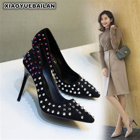 2018 new spring wedding shoes night wear fashion sexy rivets high heels women shallow thin and