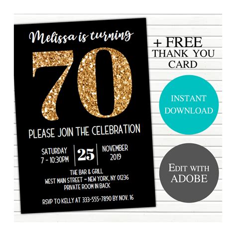 Gold Glitter On Black 70th Birthday Party Invitation Wittyprintables