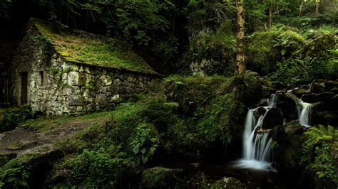 Download 1920x1080 Wallpaper Stones House Waterfall Forest Nature
