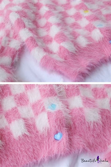 Winter Fashionable Pink And White Checkerboard Long Sleeve Mink Cashmere Cropped Cardigan Coat