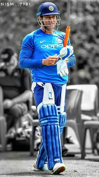 Ms Dhoni With Helmet Stump White Gloves Blue Sports Dress And Cap Dhoni
