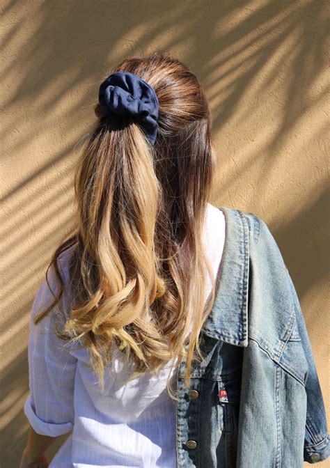 Navy Blue Linen Scrunchie Half Up Hairstyle Peinados Lisos Peinados