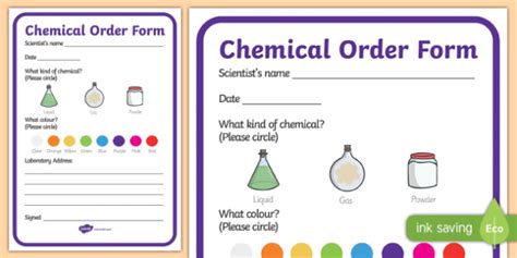 Science Lab Role Play Chemicals Order Forms