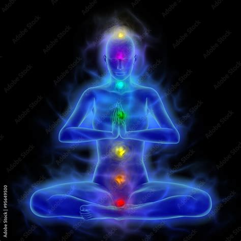 Human Energy Body Silhouette With Aura And Chakras In Meditation Stock