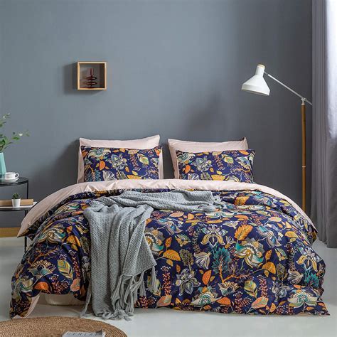 Omelas Botanical Floral Duvet Cover Set Queen Size Blue Branches Leaves