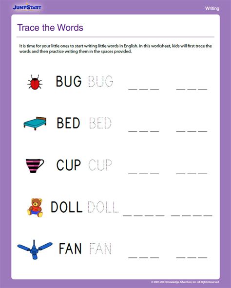 Do just one, a few, or all forty rhyme matching words and pictures words pictures worksheets match words to pictures of animals birds insects vegetables fruits sports colours and. Trace the Words View - Free Writing Worksheet for Kindergarten