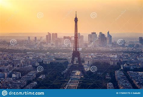 Panoramic Aerial View Of Paris Eiffel Tower And La Defense Business