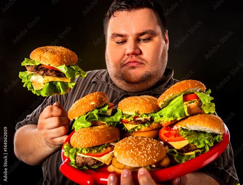 Fat Man Eating Fast Food Hamberger Breakfast For Overweight Person Junk Meal Leads To Obesity