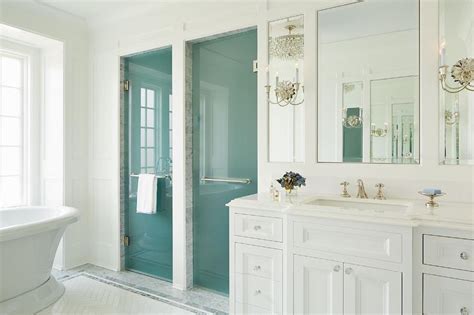 Master Bathroom With Frosted Glass His And Hers Shower Doors Transitional Bathroom