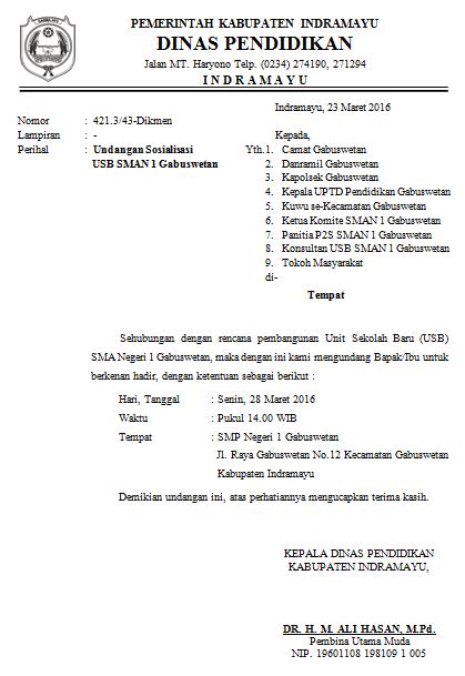 Setelah anda paham persyaratan di atas, maka surat dinas berikut ini adalah contoh surat dinas berupa undangan yang dikeluarkan pihak kampus. Contoh Surat Undangan Untuk Kepala Dinas Pendidikan