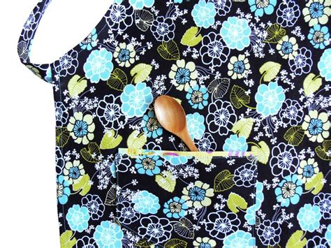 Cotton Apron With Pocket Blue Flowers Womens Aprons Kitchen Etsy
