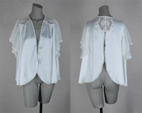 Vintage 80s Lingerie 1980s White Satin And Lace Bed Jacket Or Open Blouse One Size 2271573