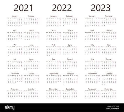 2021 2022 2023 Calendar Week Monday Vector Illustration Flat