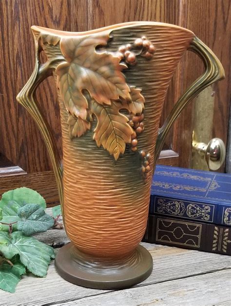 Roseville Pottery Large Autumn Leaves 2 Handle Vase Vintage Etsy Uk