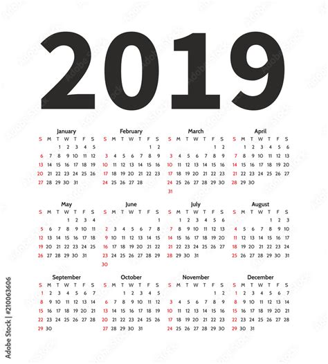 Calendar 2019 Year Vector Design Template Simple Minimalizm Style