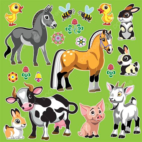 Set Of Cartoon Farm Animals On Green Ranch Pig Horse Vector Ranch Pig