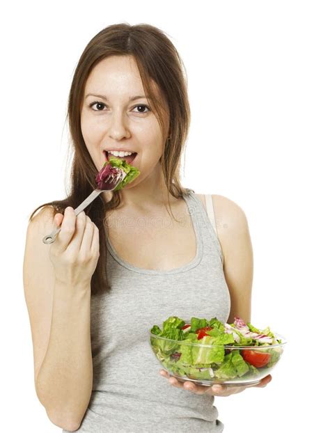 Happy Young Woman Eating Salad Stock Photo Image Of Front Lunch