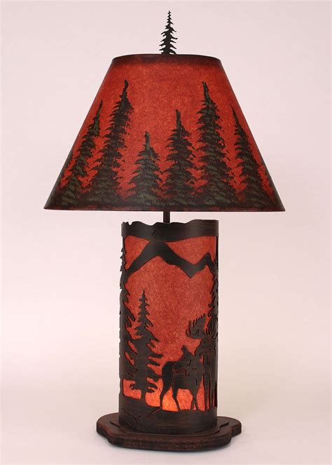 Small Moose Scene Paneled Table Lamp In Rustic Red Rustic Table Lamps Table Lamp Rustic Lamps