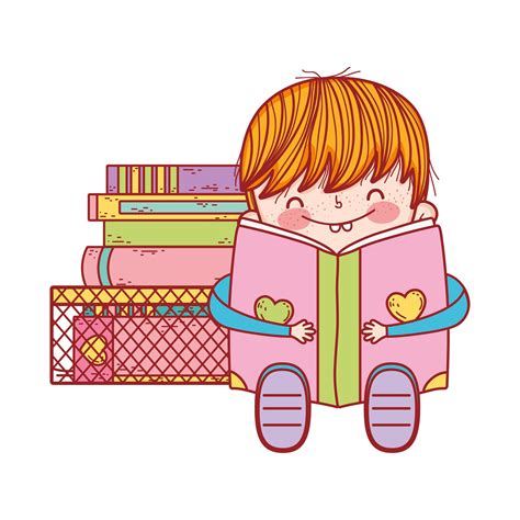 Cute Little Boy Sitting With Open Book And Stacked Books Download