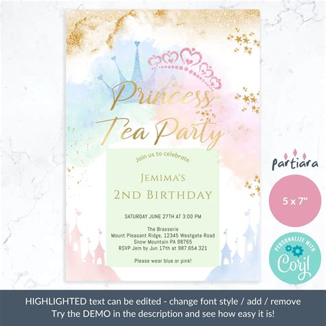 Princess Tea Party Invitation Editable Girls Birthday Etsy