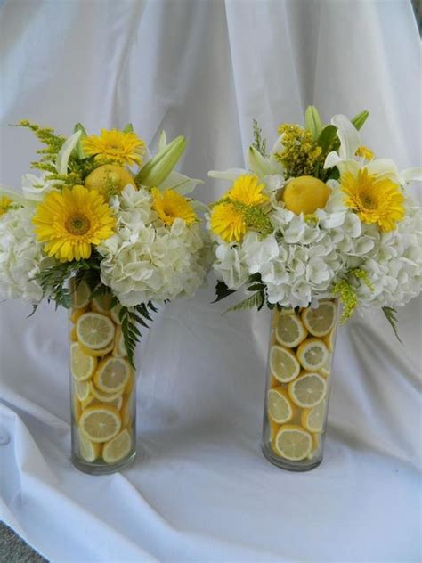Hydrangeas And Gerber Daisies With Lemons Lemon Centerpiece Wedding