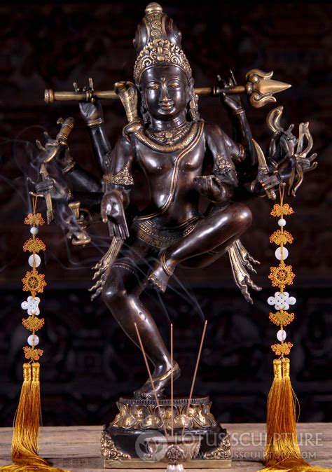 Sold Gold And Copper Balinese Brass Dancing Lord Shiva Statue With Large Trident And 10 Arms 24