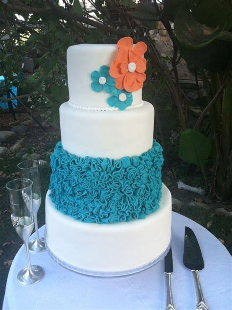 Turquoise And Coral Wedding Cake With Ruffles Cakes I