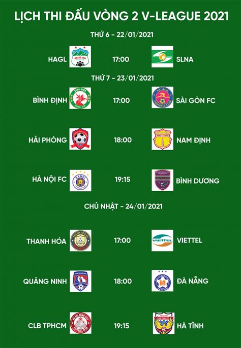 Vòng 9 v.league 2021 sẽ bắt đầu ngay từ chủ nhật (11/4) tuần này với tâm điểm là trận đấu giữa clb hà nội đón tiếp than quảng ninh trên sân hàng đẫy. Lịch thi đấu vòng 2 V-League 2021: HAGL gặp khó - Đài Phát thanh và Truyền hình Điện Biên