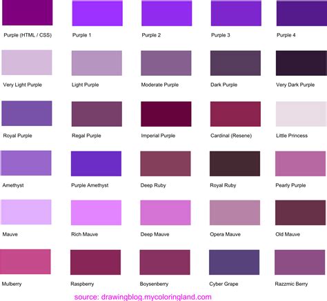 Hues Shades And Tints Of Purple Common Names Their Rgb And Hex