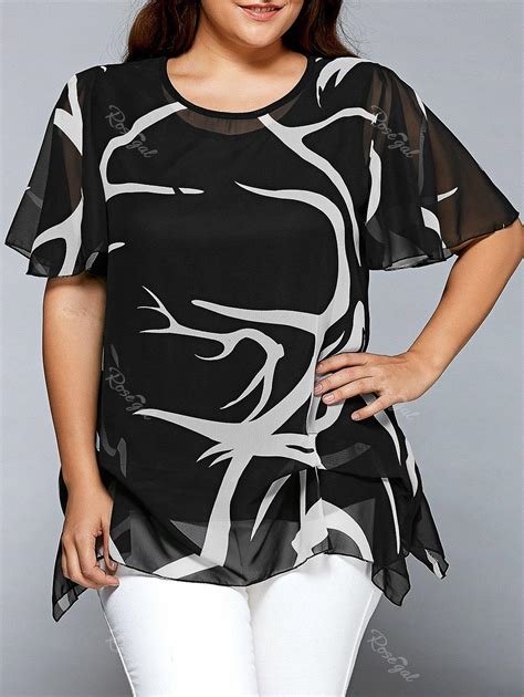 [23 off] printed chiffon asymmetric plus size blouse rosegal