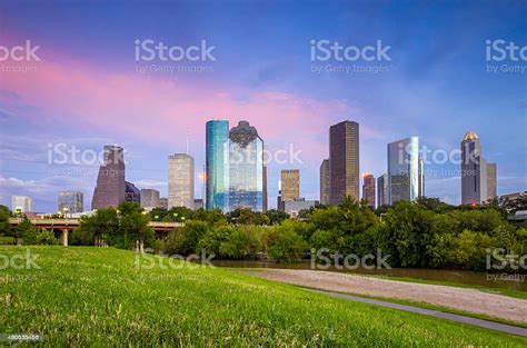 Houston Texas Skyline At Sunset Twilight From Park Lawn Stock Photo