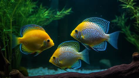 Three Yellow And Blue Fish In An Aquarium Background Aquarium Fish