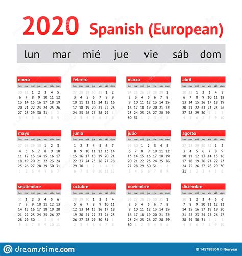 Calendario España 2020 Calendario Espaol Europeo Ilustración Del