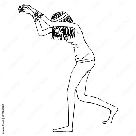 Dancing Ancient Egyptian Girl Hand Drawn Linear Doodle Sketch Black Silhouette On White