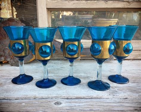 Set Of Five Hand Blown Caged Wine Glasses Mexican Blue Glassware Brutalist Imprisioned Glass