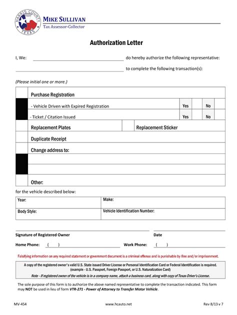 Authorization Letter Form Mv 454 Texas Fill Out And Sign Online Dochub