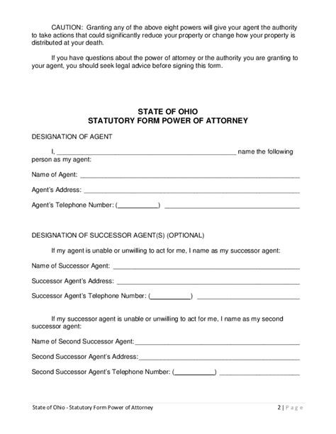 Ohio Statutory Form Power Of Attorney Printable Blank Pdf Online
