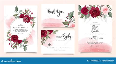 Beautiful Wedding Invitation Card Template Set With Burgundy And Peach