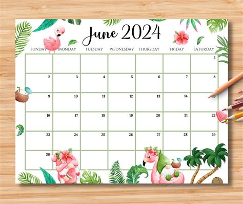 Editable June 2024 Calendar Joyful Summer With Cute Gnomes And Coconut