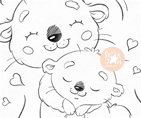 Baby Otter With Mom Digi Stamp Coloring Page Digital Art Etsy