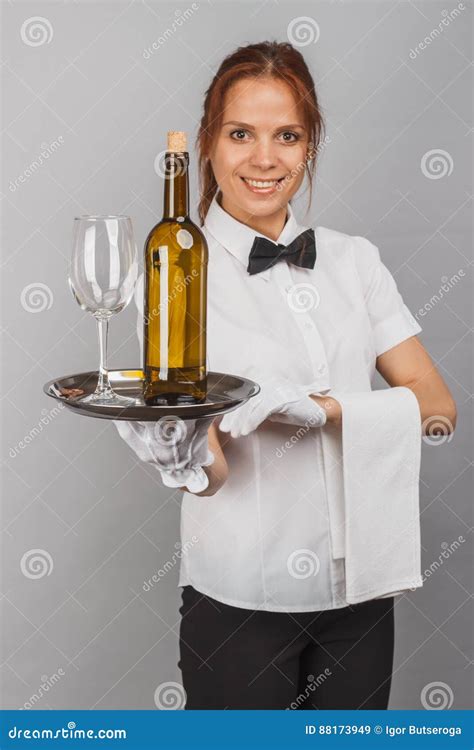 Woman Waitress With A Bottle Of Wine And Wineglass Stock Image Image Of Service Shirt 88173949